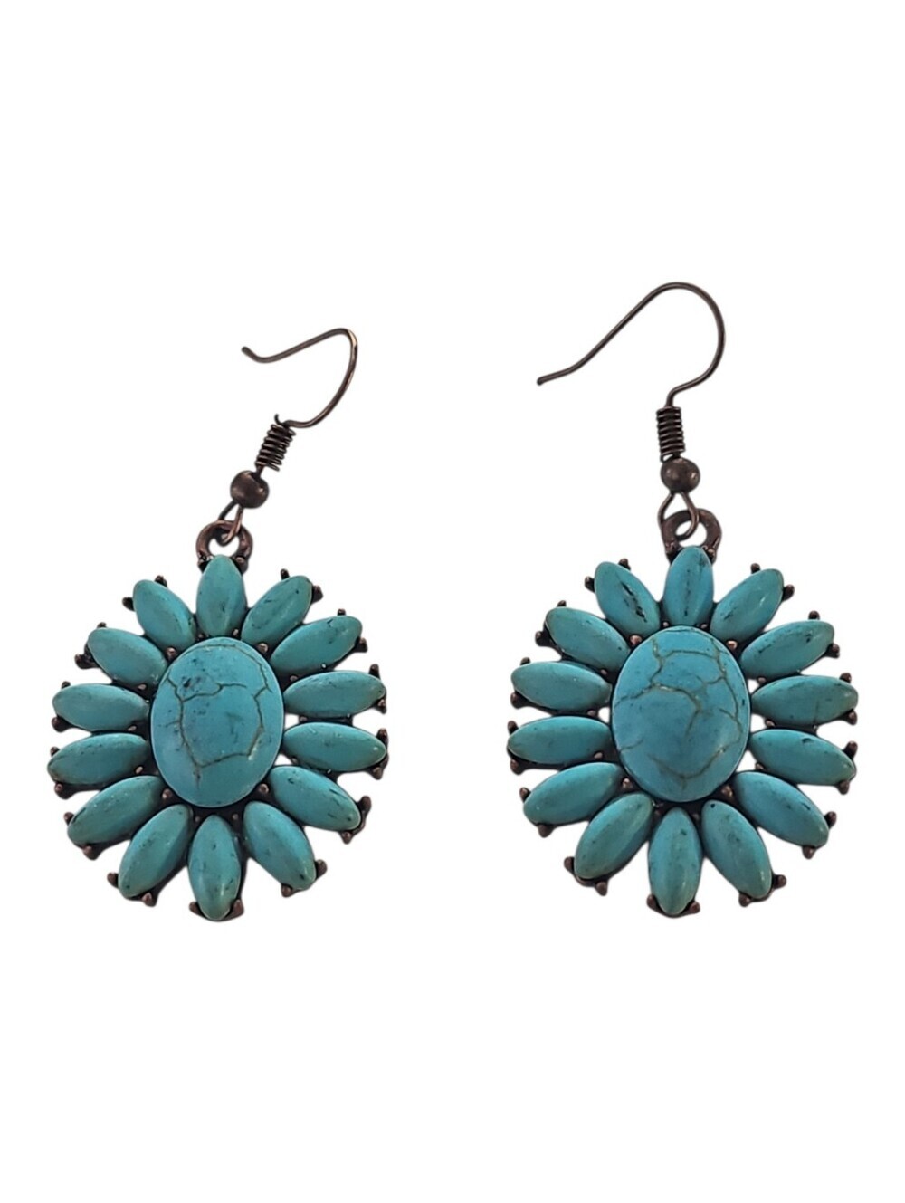 Tribal Turquoise Flower Drop Earrings On Bronze